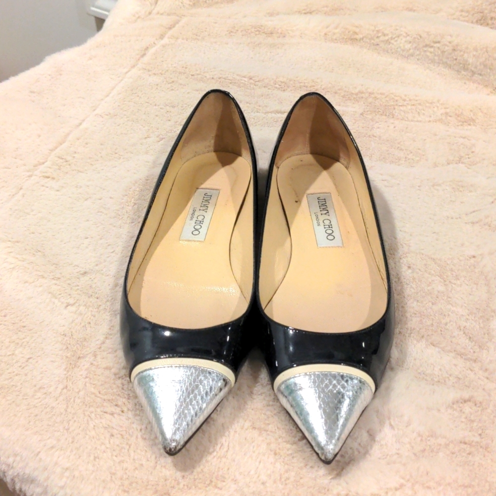 Black patent Jimmy Choo Flats with silver tips